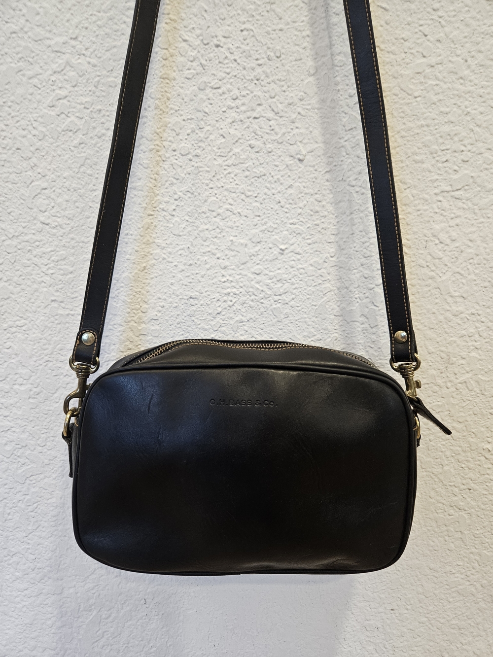 Vintage GH Bass Black Leather Rectangular Crossbody Shoulder Bag Brass Hardware